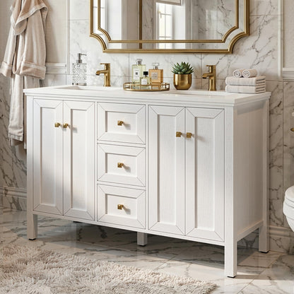 YITAHOME 47 Inch Bathroom Vanity with Double Sink, Retro Bathroom Storage Cabinet with Sintered Stone Countertop, Six Holes, 4 Doors & 3 Drawers