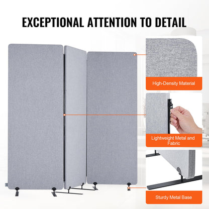 VEVOR 2FT Room Divider, 3 Panel PET Polyester Soundproof Room Screen, Folding Privacy Divider Portable Partition Divider for Room Separation, Freestanding Room Partitions for Office Study, Grey