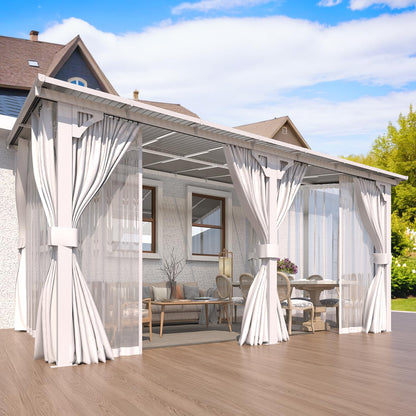 AECOJOY 14'x10' Outdoor Lean to Gazebo with Curtains and Mosquito Netting for Patio, Hard Top Wall Mounted Pergolas and Gazebos Clearance, Large Heavy Duty Metal Awnings for Decks in White