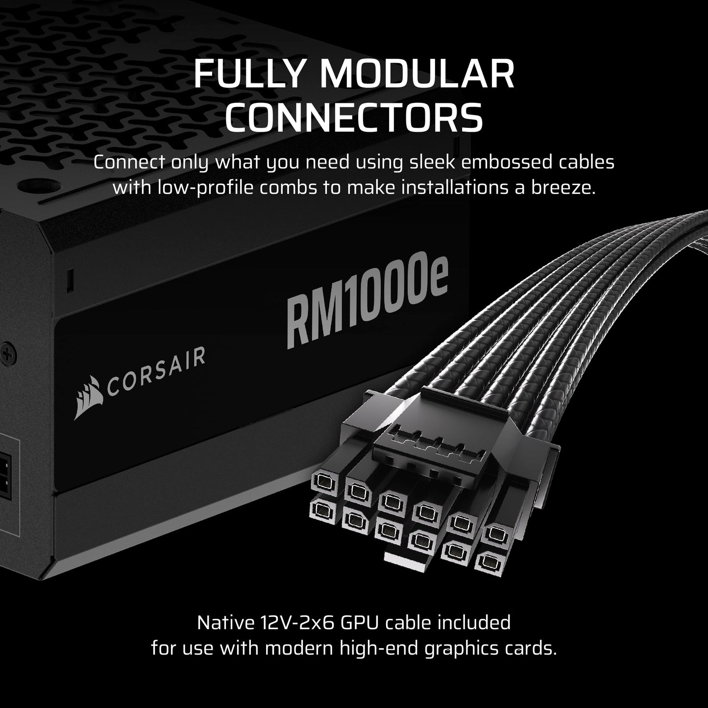 CORSAIR RM1000e (2025) Fully Modular Low-Noise ATX Power Supply with 12V-2x6 Cable – ATX 3.1 & PCIe 5.1 Compliant, Cybenetics Gold Efficiency, 105°C-Rated Capacitors, Modern Standby Mode – Black