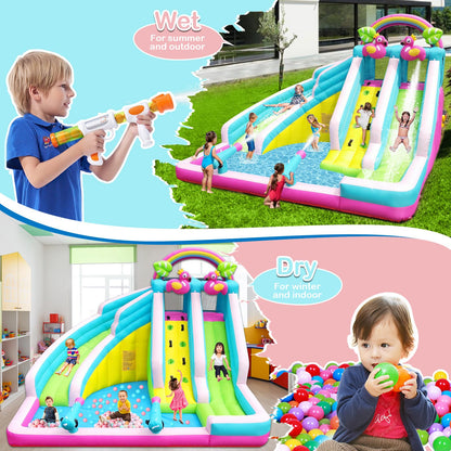 Inflatable Water Slide, 6 in 1 Blow Up Water Park Aged 3-10, Flamingo Style Water Bounce House with Double Long Slides, Splash Pool, 580W Blower Waterslide for Kids and Adults Backyard