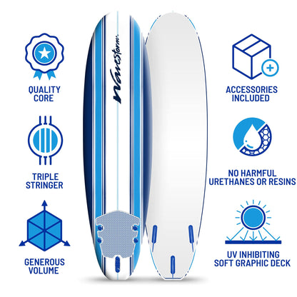 Wavestorm - Classic Soft Top Foam 7ft Surfboard Surfboard for Beginners and All Surfing Levels Complete Set Includes Leash and Multiple Fins Heat Laminated, Blue Pinline (AZ22-WSSF700-PIN)