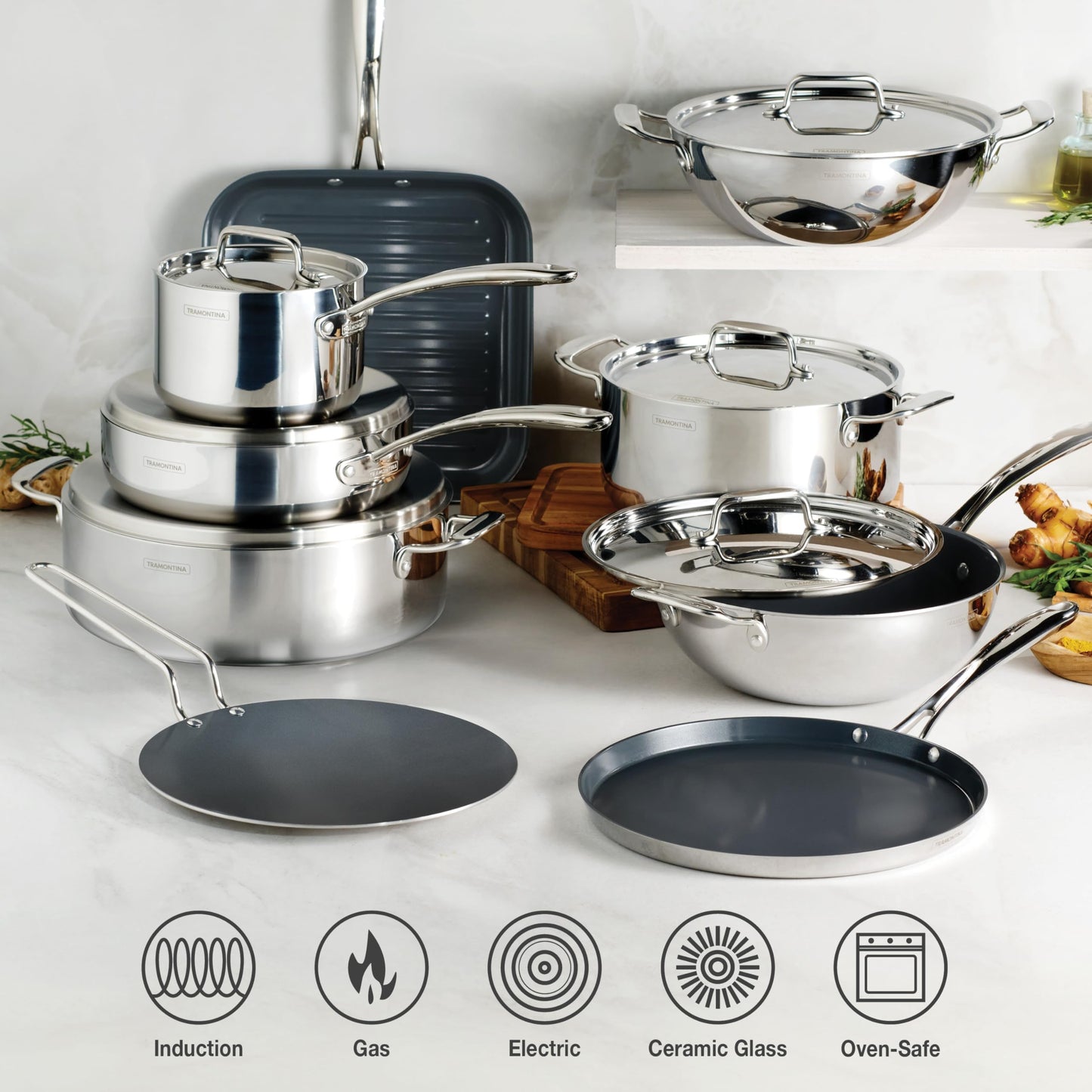 Tramontina Utsava Tri-Ply Clad Stainless Steel 5-Quart Casserole with Lid and Ceramic Non Stick Interior, Induction-Ready Dutch Oven Pot