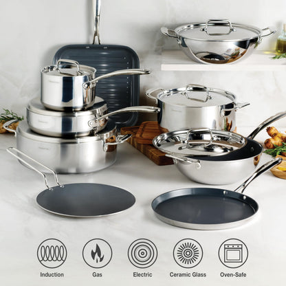 Tramontina Utsava Tri-Ply Clad Stainless Steel 3.75-Quart Wok with Lid and Ceramic Non Stick Interior, Induction-Ready Cooking Pan
