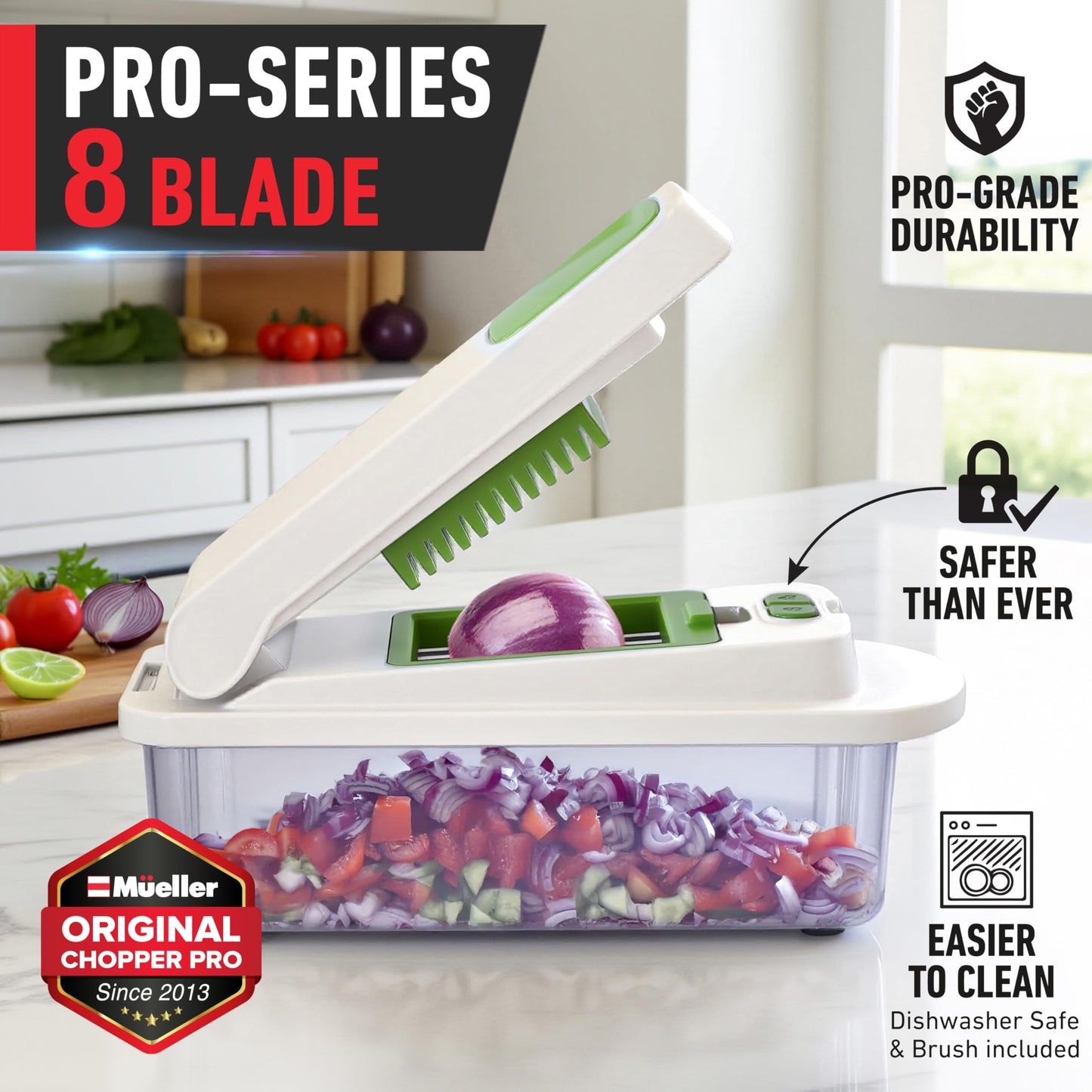 Mueller Pro-Series 10-in-1, 8 Blade Vegetable Chopper, Onion Mincer, Cutter, Dicer, Egg Slicer with Container, French Fry Cutter Potato Slicer, Home Essentials, Salad Chopper White Sand/Green