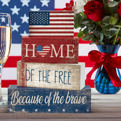 CroBlissful 4 Pcs 4th of July Decorations Patriotic Memorial Day Tabletop Decorations Red White Blue Table Centerpieces Sign for Office Tiered Tray Home Shelf 250th Anniversary(Flag)