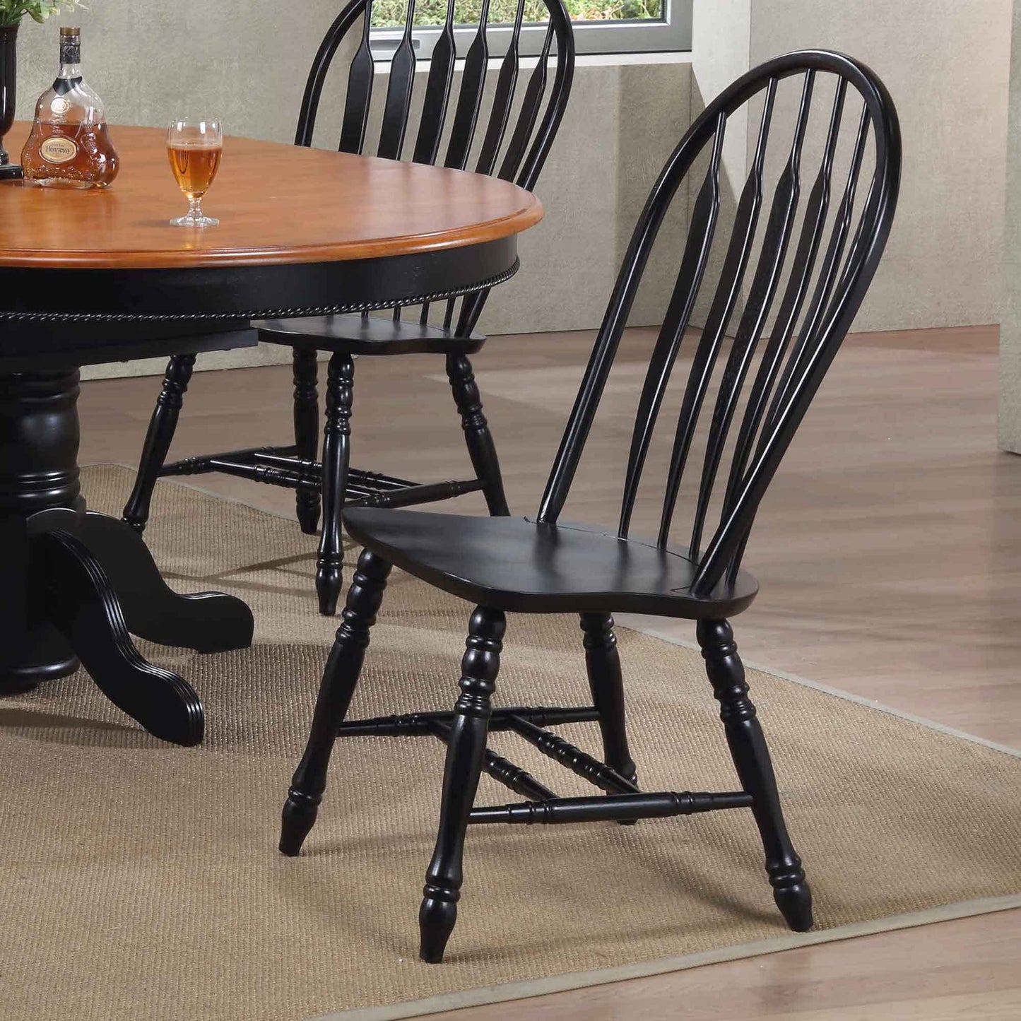 Sunset Trading Selections Keyhole Windsor Dining Side Chairs | Set of 2 Fully Assembled Sidechairs | Antique Black Cherry Distressed Solid Wood | Country Farmhouse Kitchen/Office Furniture