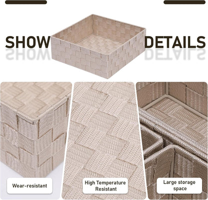 Drawer Organizer Bins Woven Storage Stackable Box Set of 6 for Organizing Drawers Shelves Cabinets (Beige)