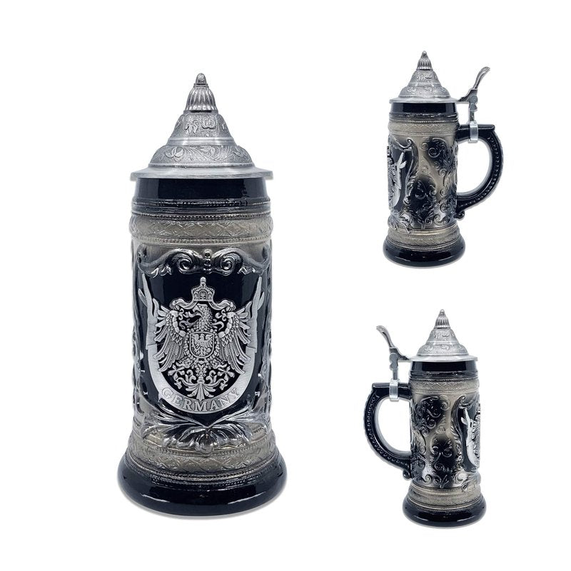OktoberfestHaus German Adler (Eagle) Stein Mug With Lid - 1 Liter Charcoal Black Ceramic Beer Stein With Metal Emblem - Collectible Bier Krug for Men, Beer Lovers Gift