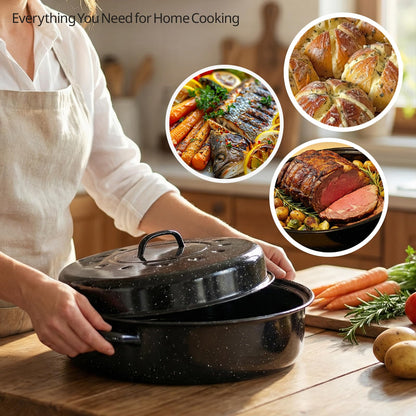Turkey Roaster Pan 18in Roasting Pan With Lid Enamel Carbon Steel Roaster Pot with 16in Inner Diameter,18 Pound Large Capacity High Temperature Resistance Oval Cookware