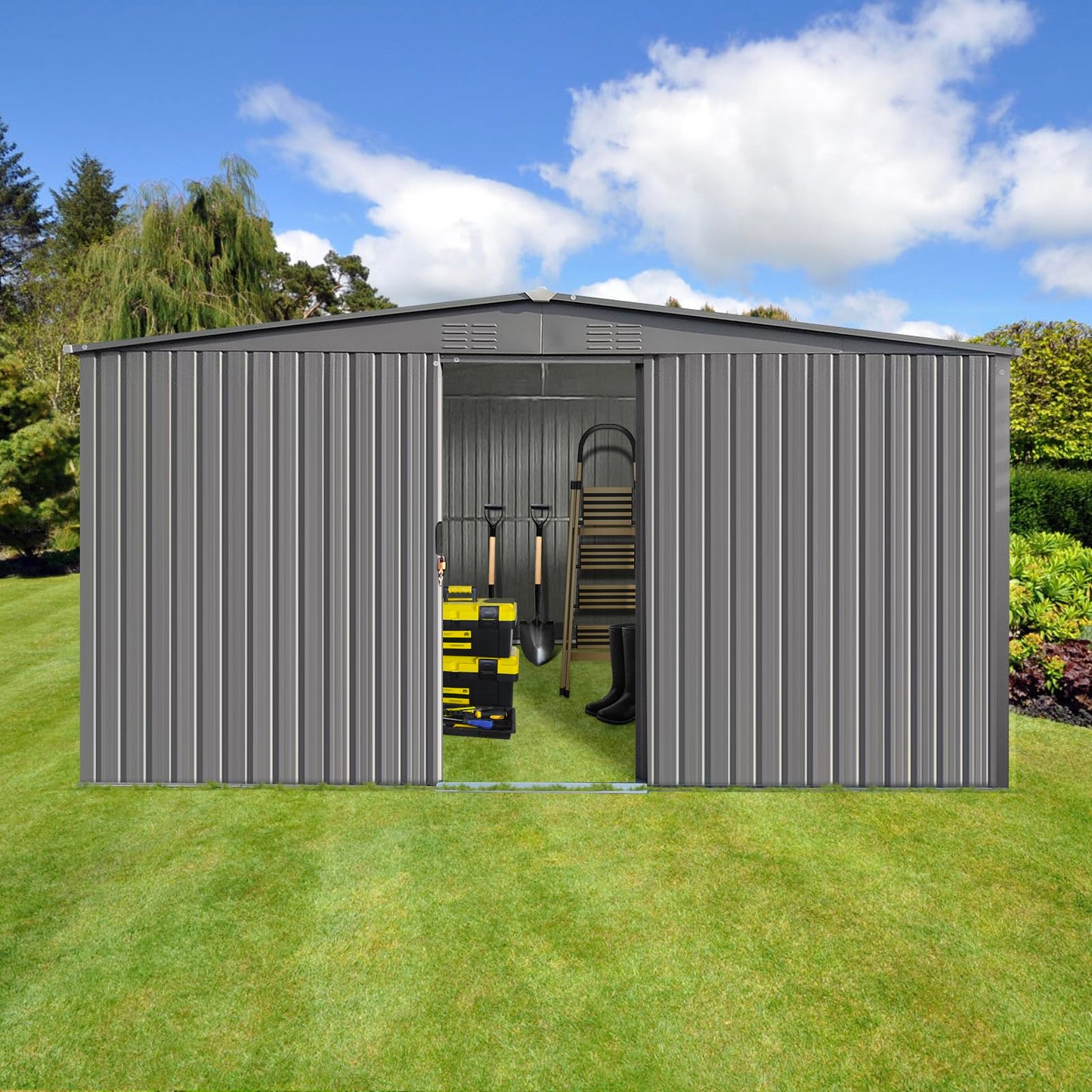 YOPTO 11x13 FT Outdoor Storage Shed,Metal Waterproof Tool House with Firewood Shed and 2 Integrated Punched Vents,2-in-1 Garden Storager Apex Roof Shelter w/Window & Door for Wood,Bicycles,Grey
