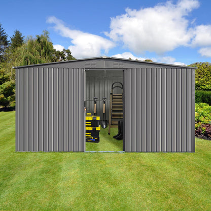 YOPTO 11x13 FT Outdoor Storage Shed,Metal Waterproof Tool House with Firewood Shed and 2 Integrated Punched Vents,2-in-1 Garden Storager Apex Roof Shelter w/Window & Door for Wood,Bicycles,Grey