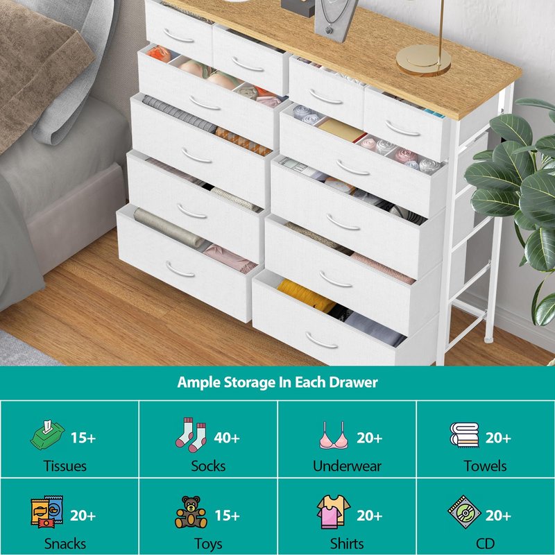 VASICAR Compact 12 Drawers Dresser for Bedroom, Fabric Storage Tower, Chest of Drawers with Retro Wood Top for Closet, Nursery, Living Room