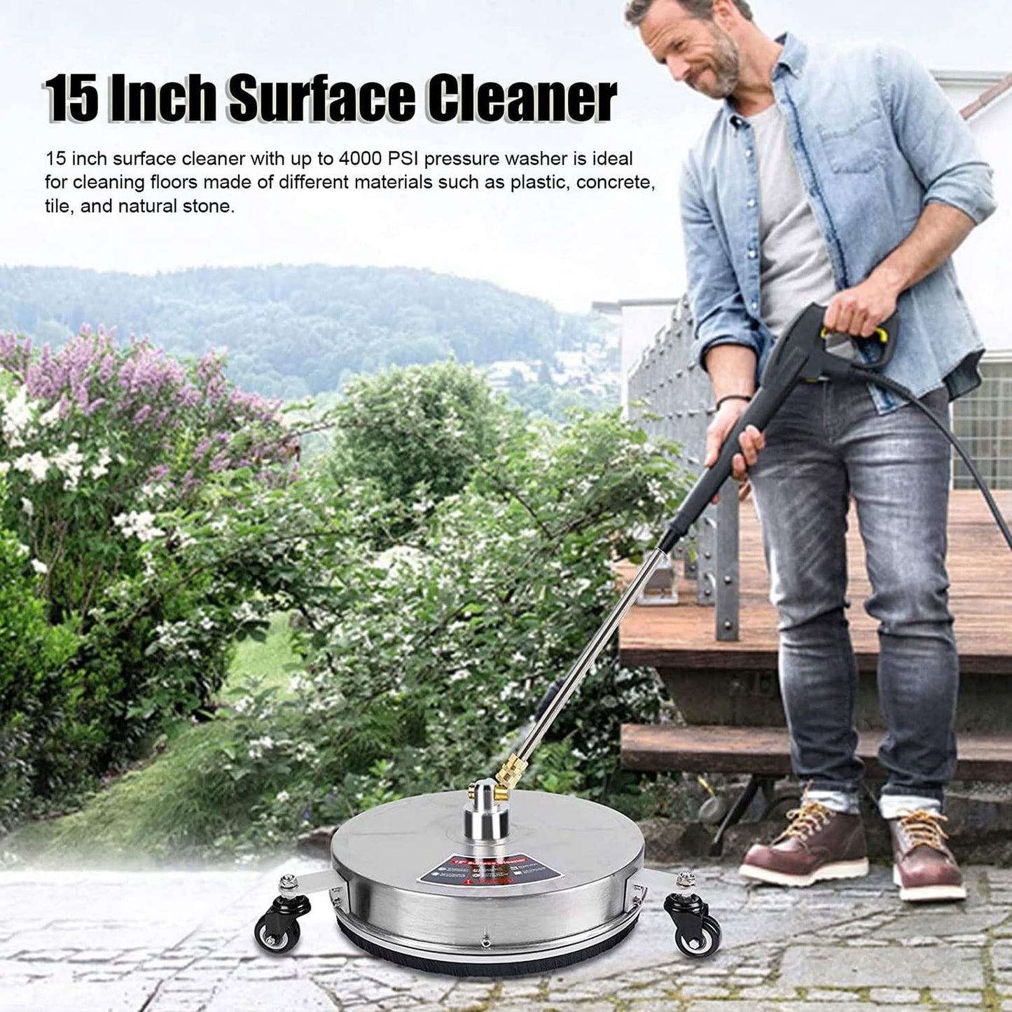 TRELVEX Pressure Washer Surface Cleaner 15'' with Wheels, 4000 PSI Stainless Steel Power Washer Accessory for Driveways Sidewalks Patios Cleaning, 1/4" Quick Connector, 2 ExWand Attachments