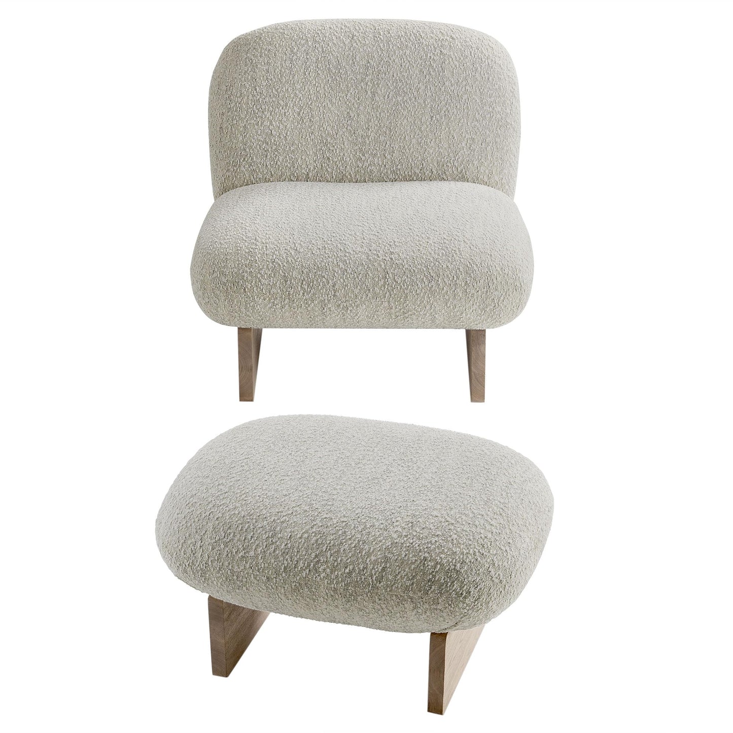 Modway Loyal Boucle Fabric Accent Chair with Ottoman in Pearl Oak - Comfy Modern Armless Lounge Chair with Footrest - Upholstered Round Sofa Chair and Footstool Set for Living Room or Bedroom