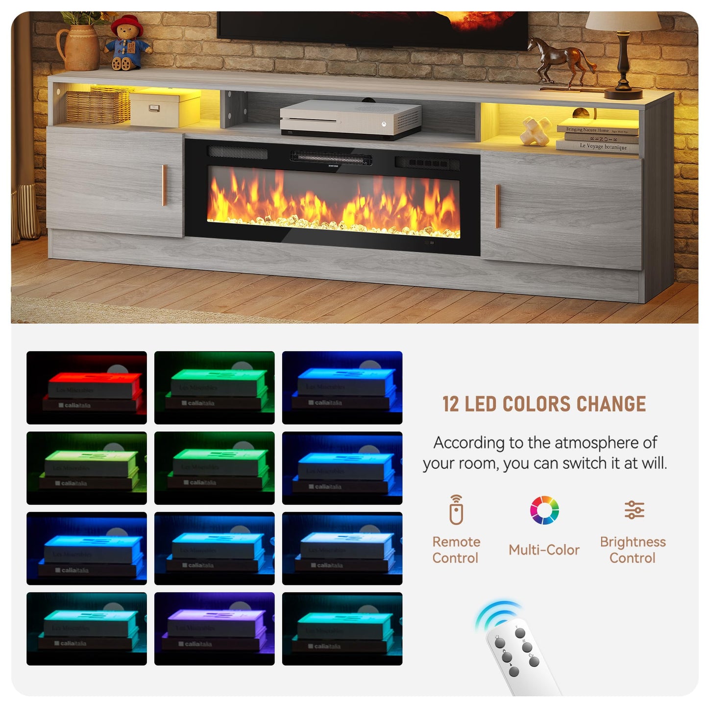 MXV 70" Fireplace TV Stand with Power Outlet for TVs UP to 80", Electric Fireplace Entertainment Center with LED Lights & Storage Cabinets, TV Console for Living Room, Office, Grey-Black