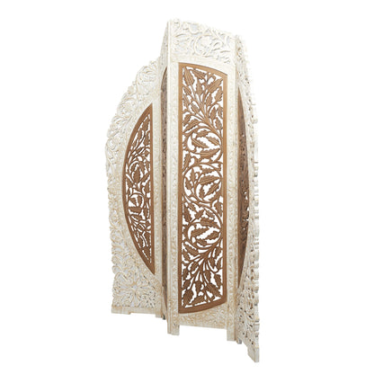 Deco 79 Mango Wood Floral Handmade Partition Room Divider Screen Foldable Arched Partition 4 Panel Privacy Screen with Intricately Carved Designs, Room Partition 62" x 1" x 72", Brown