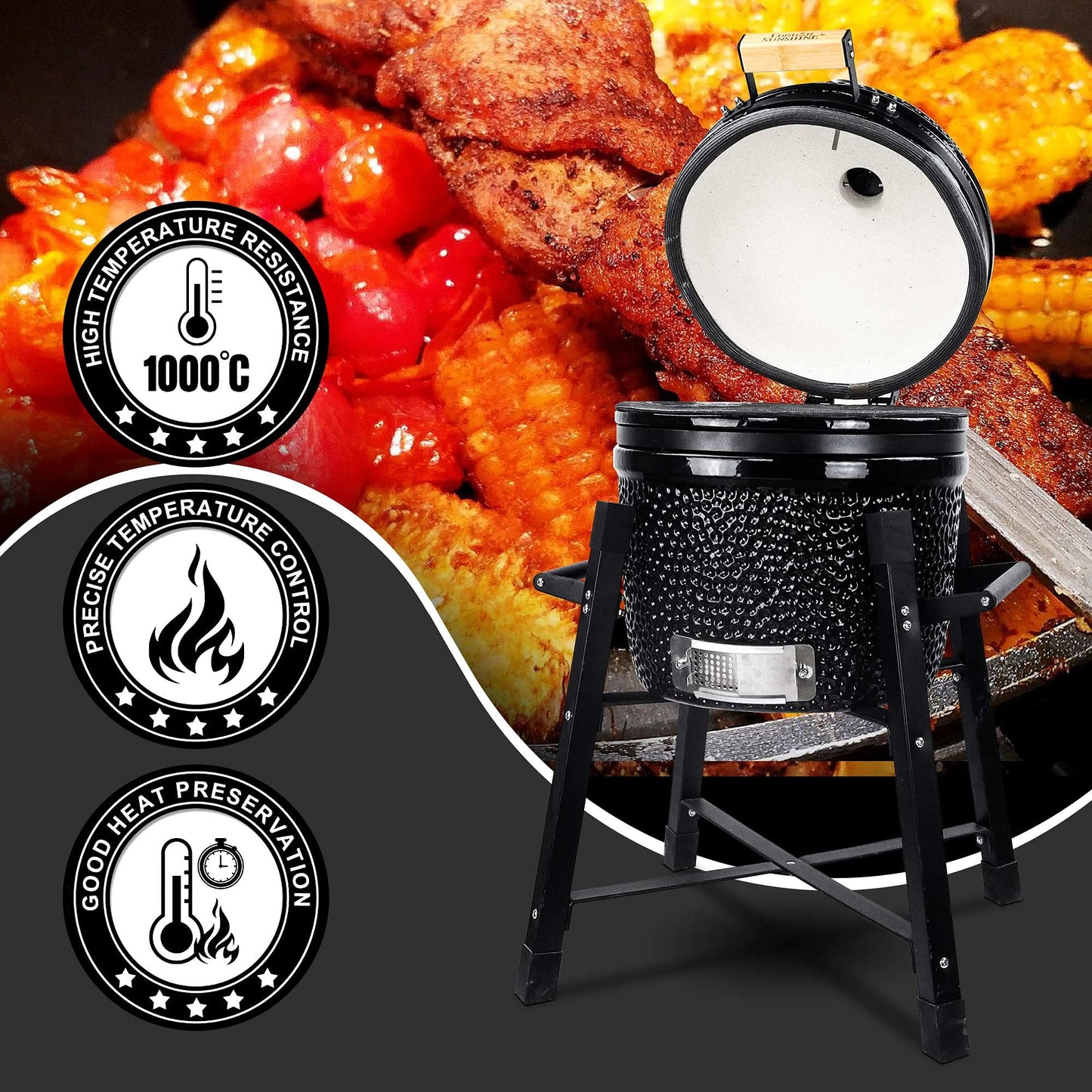 London Sunshine Ceramic Kamado Charcoal BBQ Grill and Smoker, Stainless Steel Grates -15" Ceramic with Tall Stand (BLACK)
