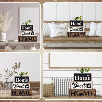 Moucuny 4 Pcs Farmhouse Wooden Tabletop Decor Farmhouse Tiered Tray Decor Rustic Eucalyptus Leaves Wood Block Sign Gift Sweet Home Centerpiece Home Table Decortion