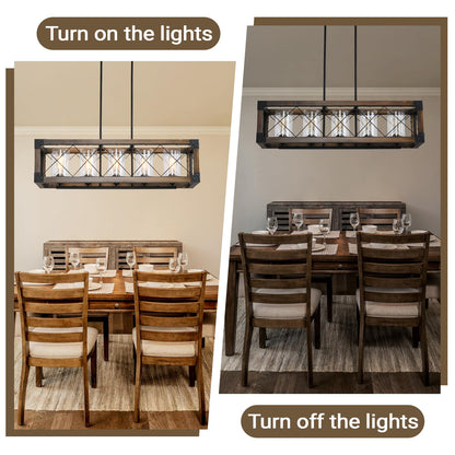 WJShome 35" Farmhouse Chandelier, 5-Light Kitchen Island Lighting, Modern Rectangular Dining Room Light Fixture, Rustic Wooden Chandeliers, Linear Pendant Light, with Clean Glass Shade