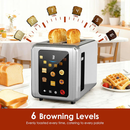 WHALL Touch Screen Toaster - 2 Slice Smart Toaster with Digital Timer & 6 Shade Settings | Stainless Steel, Silver