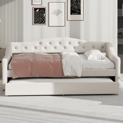 GDFStudio Twin XL Upholstered Daybed with Linen Fabric, LED Lighting Belt, Pull-Out Trundle, Sturdy Pine Wood Frame with Slats, Modern Beige Platform Bed for Users, No Box Spring Required, Beige