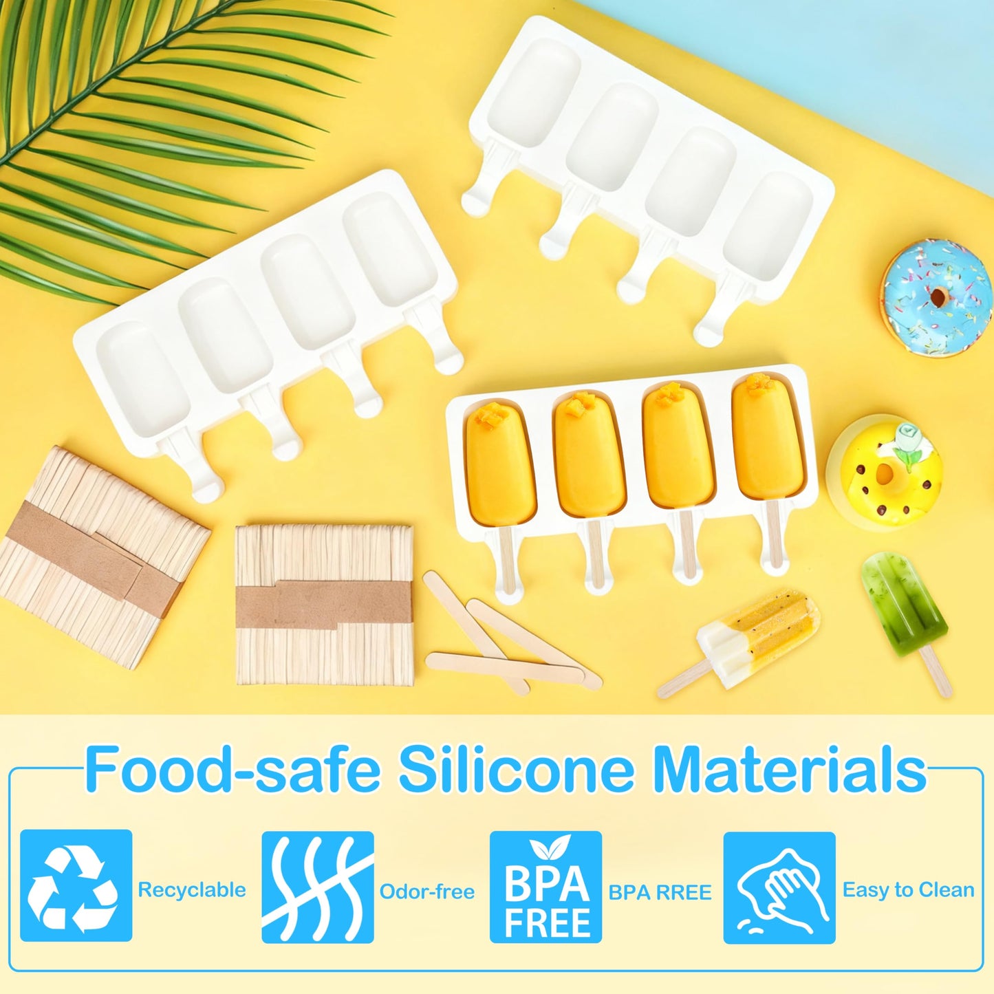 3 Set Small Silicone Popsicle Molds Ice Cream Mould 4 Cavity Ice Lolly Mold White Oval Cake Pop Mould with 150 Pieces Wooden Sticks for DIY Cream Popsicle Cake