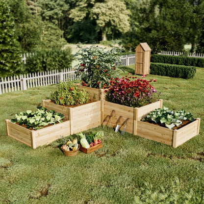 SPECRAFT Raised Garden Bed 3-Tier Outdoor Planter Box, Fir Wood with Dividers, Shape Adjustable, Tool-Free Assembly, Ideal for Growing Vegetables, Herbs & Flowers