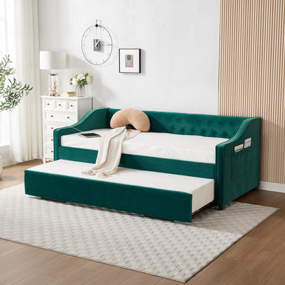 DNYN Button Tufted Design Daybed with Pop-up Trundle & USB Ports for Bedroom Guest Room, Space-Saving Twin Size Velvet Sofabed Frame with Side Storage Pockets, No Box Spring Needed/Easy Assemble