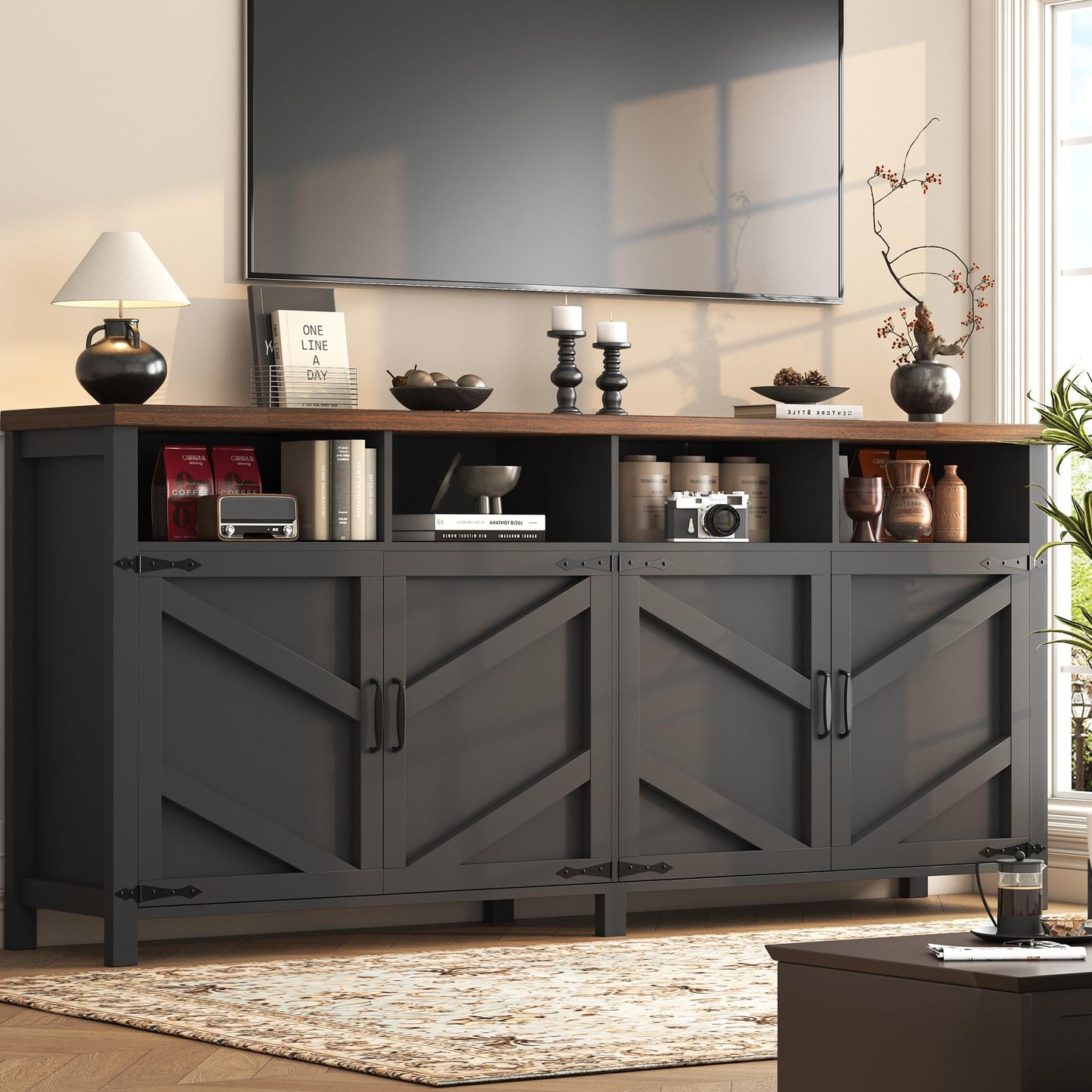 knoworld 63'' Buffet Sideboard with Storage Farmhouse with 4 Doors, Large Kitchen Storage Cabinet Wood Coffee Bar Cabinet Buffet Table with Shelves for Kitchen, Dining Room, Entryway