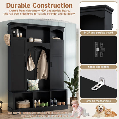 THINK 30 Modern All-in-One Hall Tree with Adjustable Shelves, Classic Arched Farmhouse Storage Bench with Dual Side Cabinets, Elegant Entryway Organizer with 7 Hooks for Mudroom, Hallway, Black
