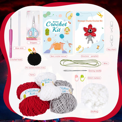 Alvian Monster Crochet Kit for Beginners – Amigurumi Demogorgon-Inspired Keyring DIY Craft with Step-by-Step Video Tutorial All-in-One Crochet Starter Kit with Yarn & Tools