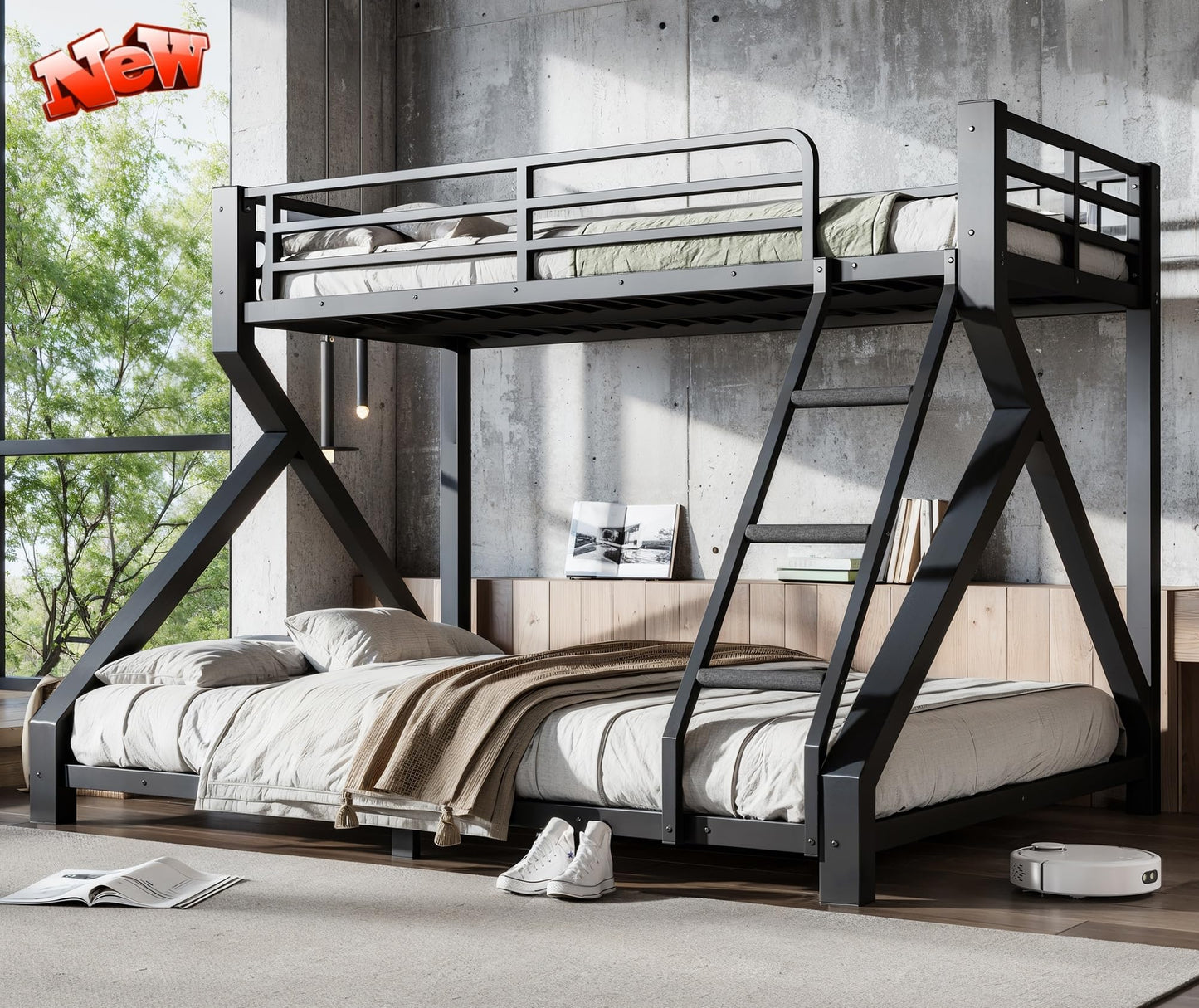LEEKAF Stronger & Thickened Heavy Duty Metal Bunk Bed Twin XL Over Queen Size for Adults Teens, Safer More Stable Bunkbed (Greater Weight Capacity) (Black,Twin XL Over Queen A)