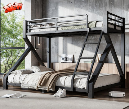 LEEKAF Stronger & Thickened Heavy Duty Metal Bunk Bed Twin XL Over Queen Size for Adults Teens, Safer More Stable Bunkbed (Greater Weight Capacity) (Black,Twin XL Over Queen A)