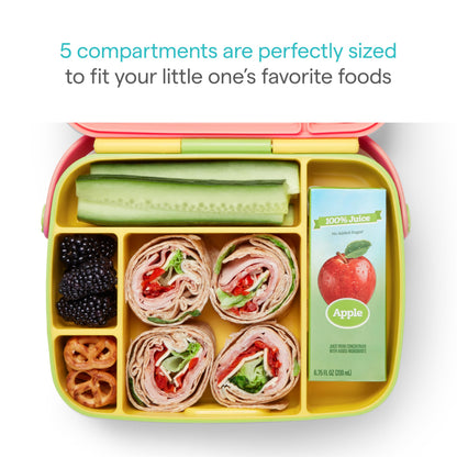 Munchkin Lunch Bento Box for Kids and Toddlers, Includes Stainless Steel Utensils, BPA-Free, 18 Months and Up, Pink/Green/Yellow