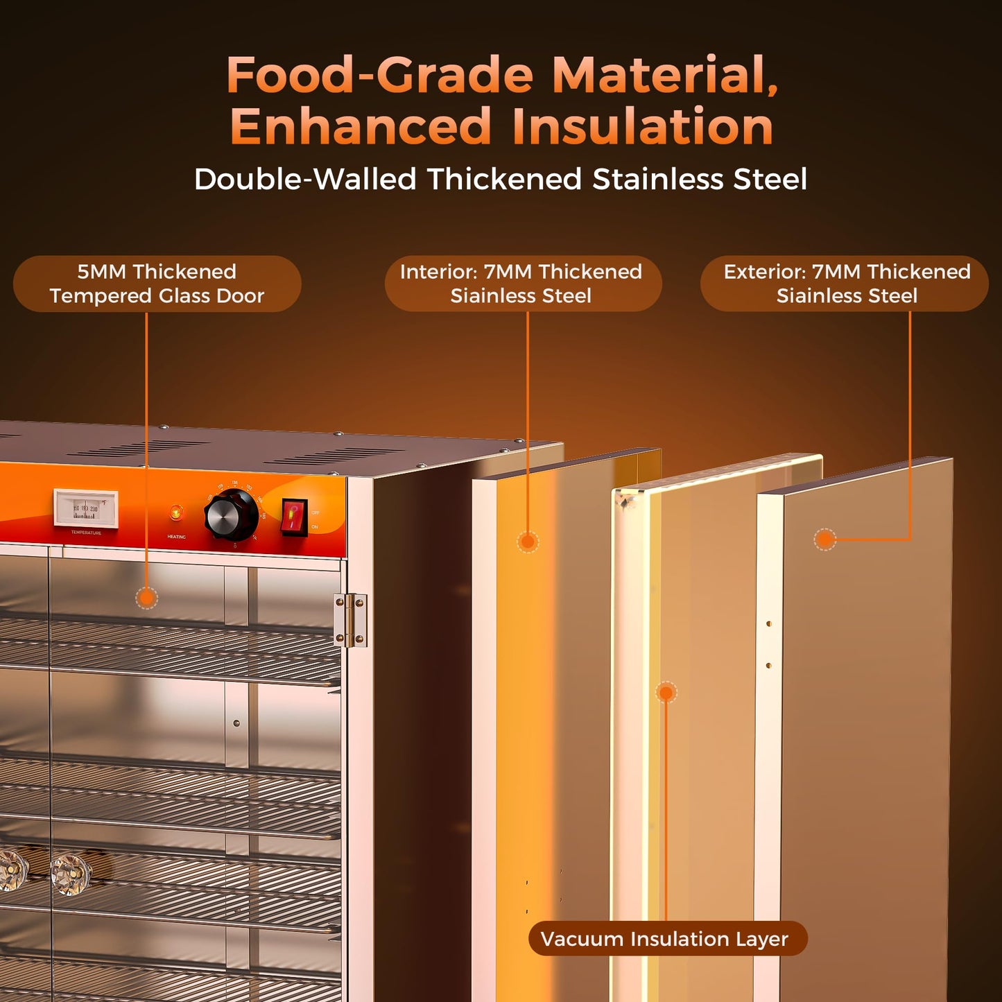 CAMMOO 133Qt 5-Tier 900W Commercial Food Warmer w/ 304 Blued Stainless Steel Heating Element, Double-Tempered Glass Door, Adjustable Shelf, Electric Catering Hot Box Countertop Heated Holding Cabinet