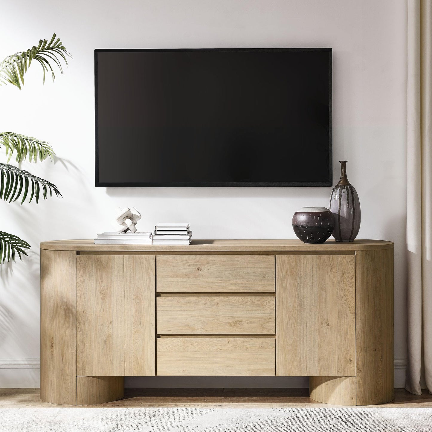 Modway Duval Oval Wood Grain 71 Inch Sideboard with Doors and Drawers in Hickory Frost