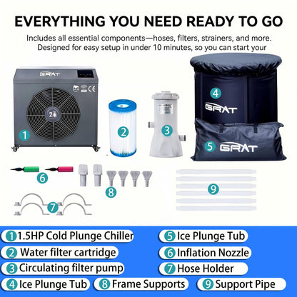 GRAT 1.5HP Cold Plunge Chiller 88 Gallon Ice Bath Tub, 10500BTU Portable WiFi Cold Water Immersion Tub, Water Treatment Kit, Wheels & Backpack for Athletes, Home Gym & Outdoor Use, Cools to 36°F