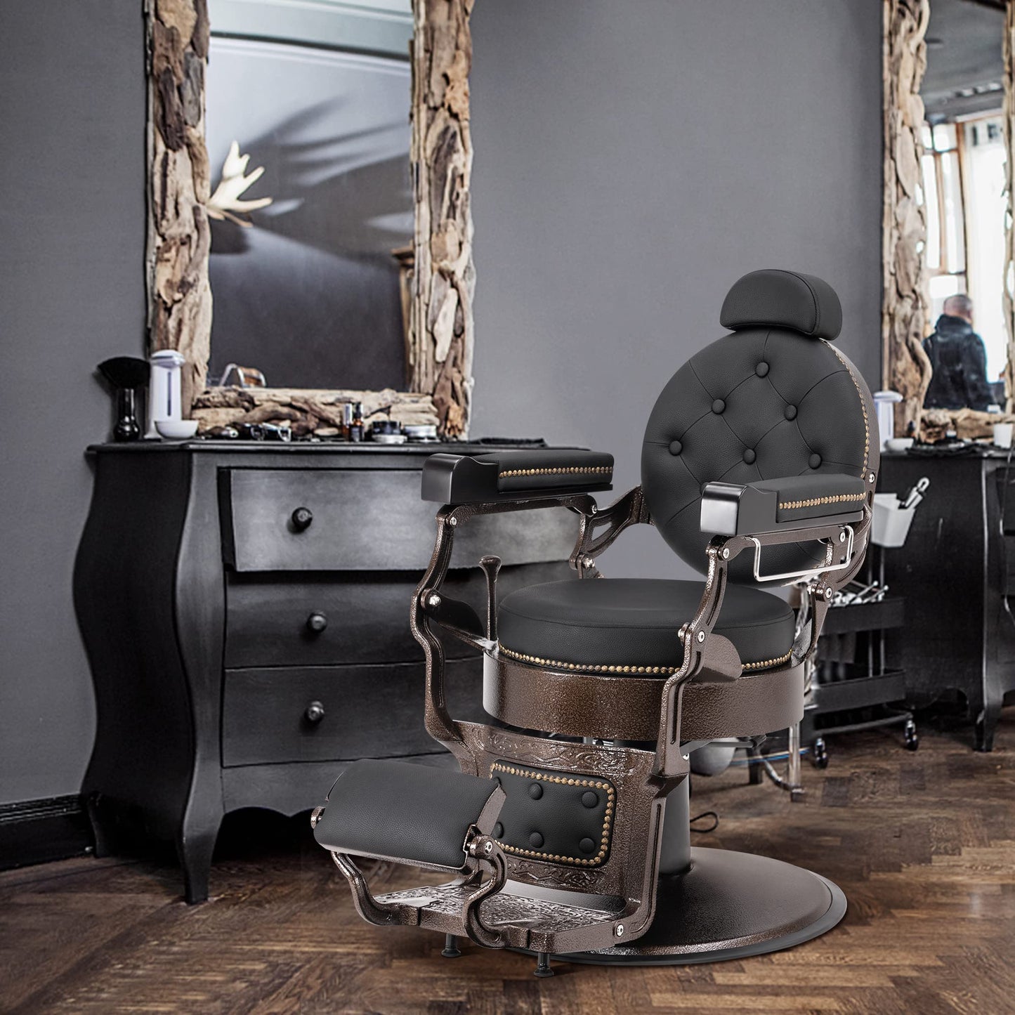 BarberPub Vintage Barber Chair Heavy Duty Metal Frame All Purpose Hydraulic Recline Salon Beauty Spa Chair Styling Equipment 9207 (Black)