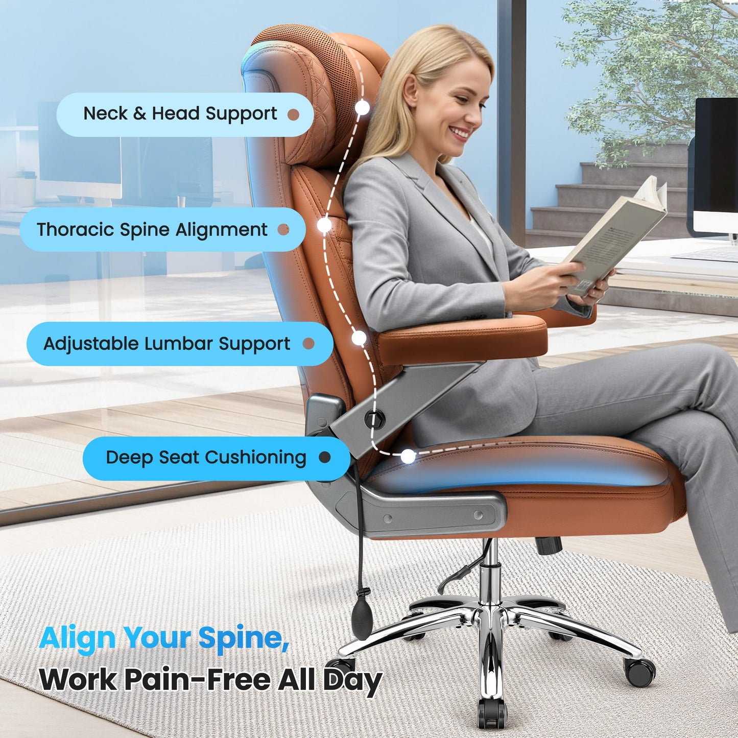 Big and Tall Office Chair for Heavy People, 500LBS Wide Seat Computer Desk Chair, Extra Large Executive Gaming Chair with Adjustable Lumbar Support and 5D Flip Arms, Comfy Heavy Duty Office Chair