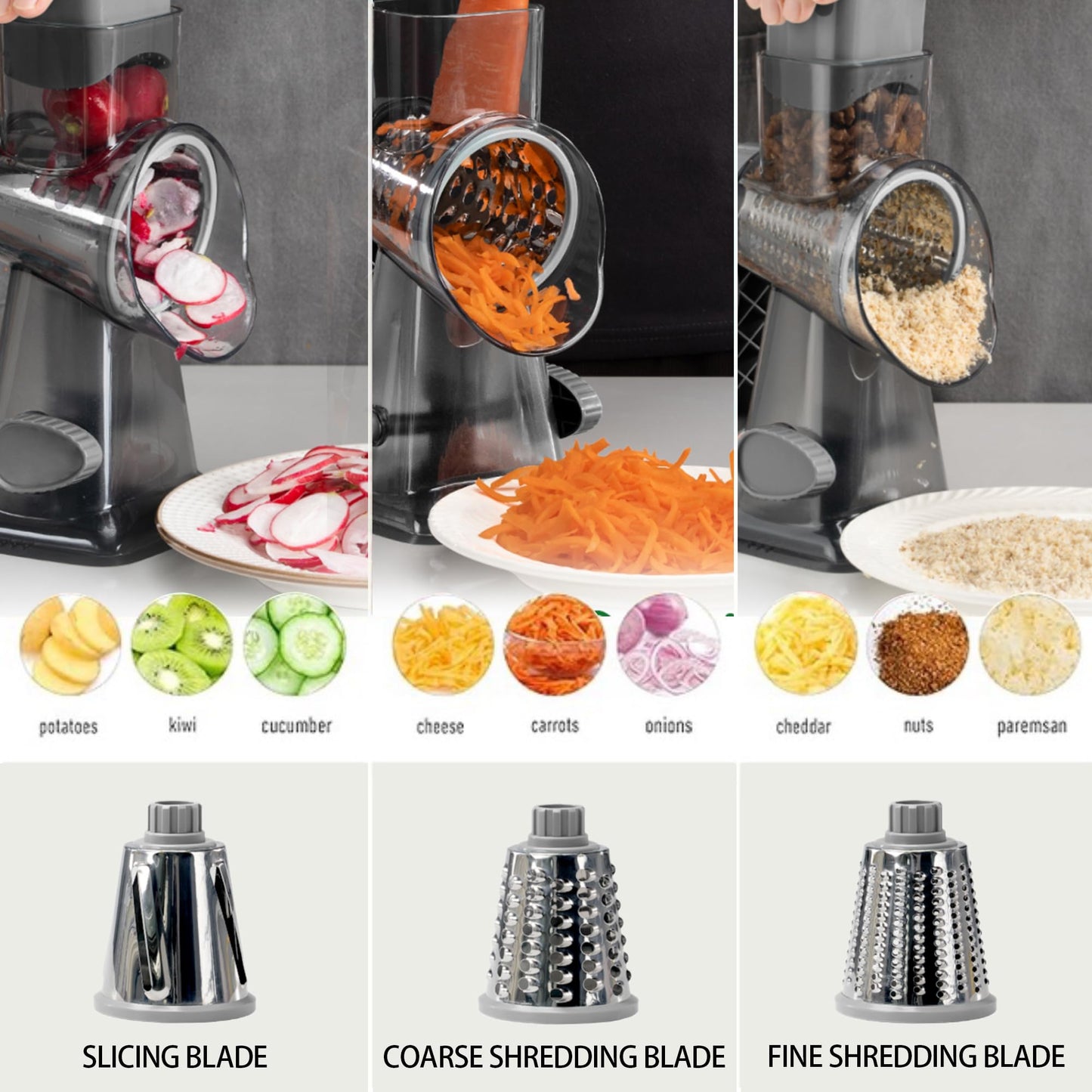EDEFISY Cheese Grater Hand Crank Rotary Vegetables Shredder with Handle, 3-in-1 Graters with Interchangeable Blades and Non-slip Base Multifunctional Slicer for Kitchen