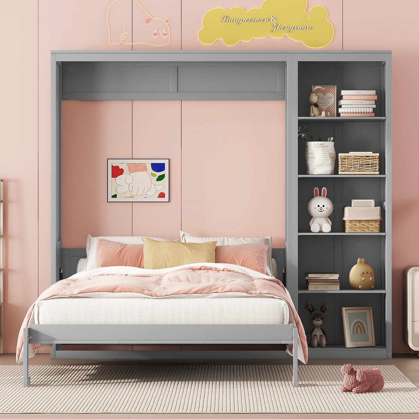 Merax Space-Saving Gray Murphy Bed Full Size with Adjustable Storage Shelves, Multifunctional Foldable Wall Bed for Small Spaces Studio Study Office Guest Room
