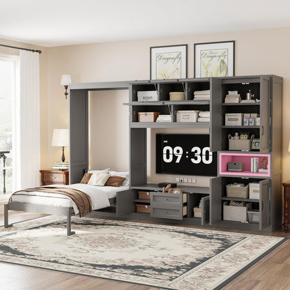 Merax Twin Size Wooden Murphy Bed with TV Stand, Space-Saving Wall Bed Frame with 2 Drawers, Shelves, Cabinets, Foldable Platform for Small Spaces Room, Gray