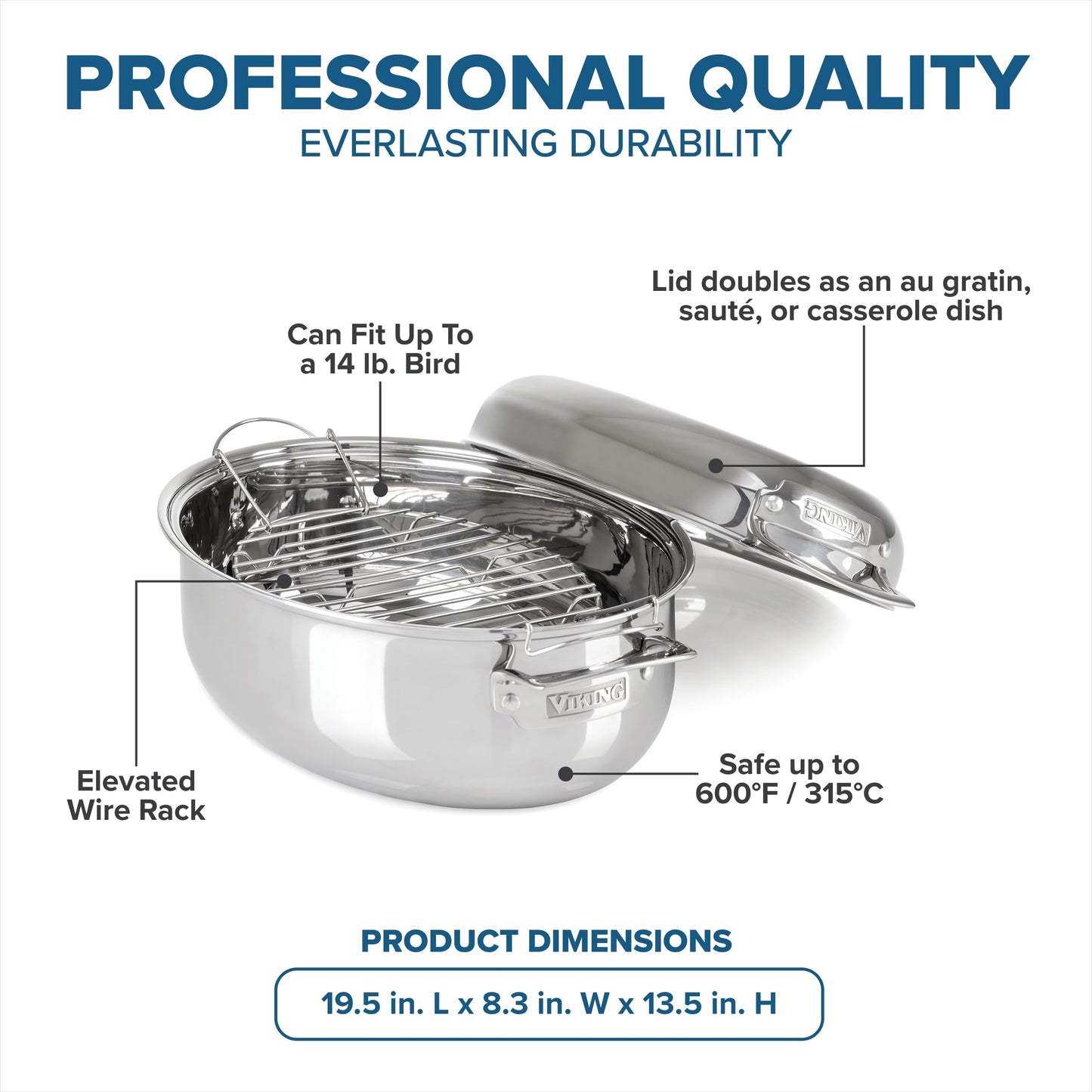 Viking 3-Ply Oval Roasting Pan, 8.5 Quart, Stainless Steel Kitchen Cookware with Metal Induction Lid and Rack, Great for Turkey, Dishwasher and Oven Safe, Silver
