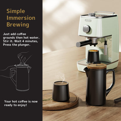 DHPO Ceramic French Press Coffee Maker, 22oz Single Serve Coffee Press with Walnut Wood Lid, Lead-Free, Food Grade Stainless Steel Filter with Dual Screen for Coffee and Loose Tea, Black