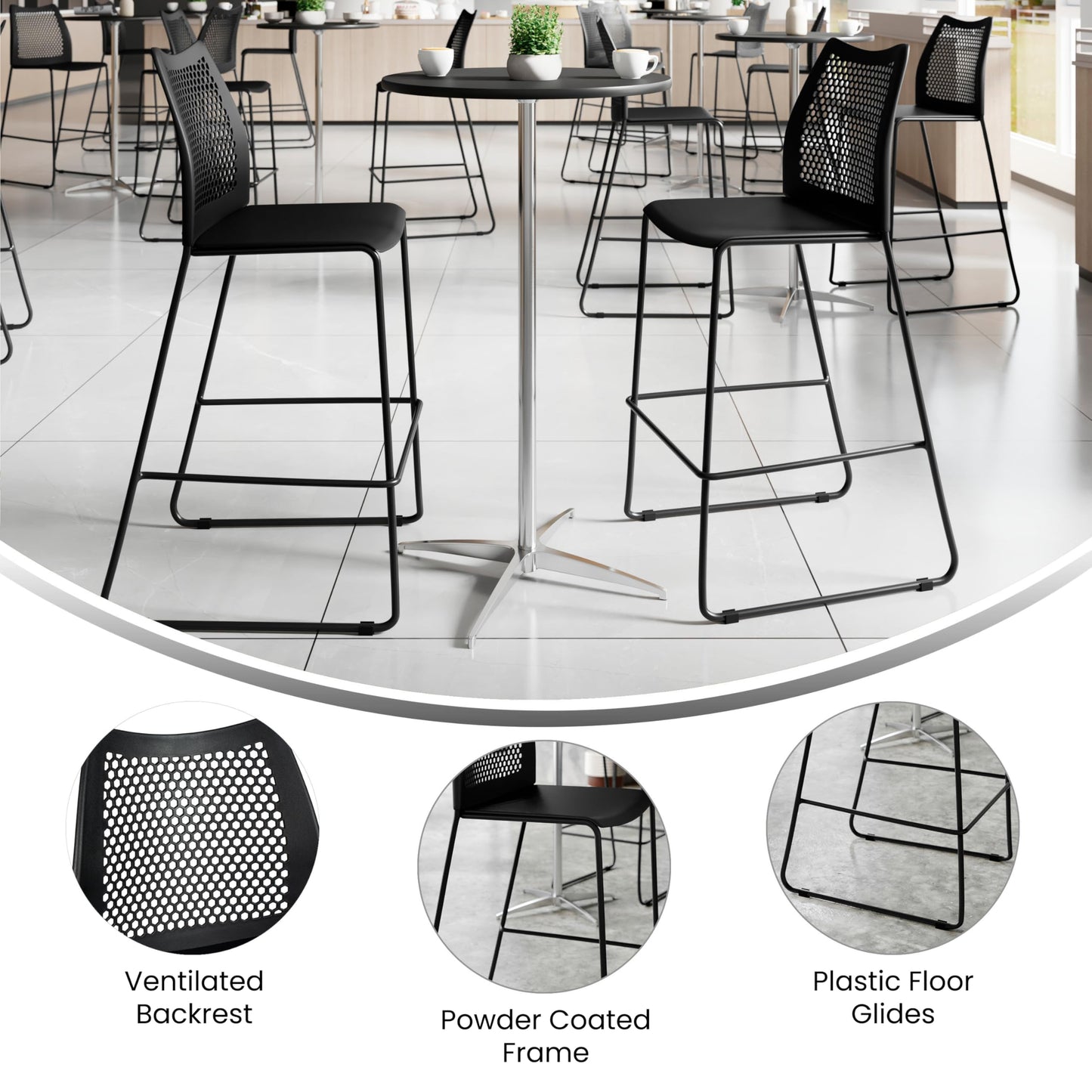 Flash Furniture Hercules Stacking Bar Height Stool with Vented Backrest and Black Powder Coated Steel Sled Base with Integrated Footrest, Commercial Portable Stool, Set of 3, Black