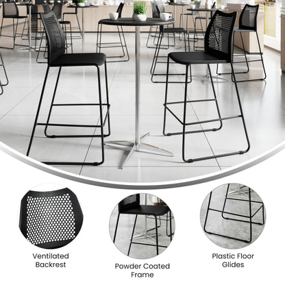 Flash Furniture Hercules Stacking Bar Height Stool with Vented Backrest and Black Powder Coated Steel Sled Base with Integrated Footrest, Commercial Portable Stool, Set of 3, Black