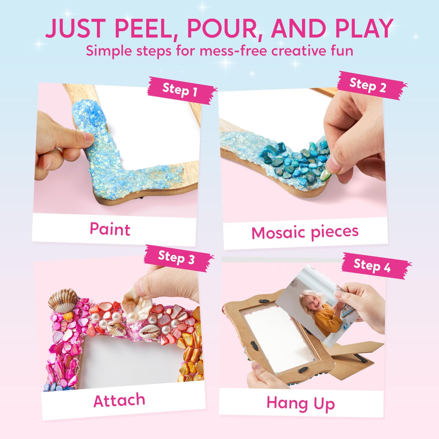 JOVA Klever Kits Mosaic Photo Frame Craft Kit, DIY Crafts for Girls 8-12 6 7 Years Old Girl Gifts Summer Activities, Make Your Own Picture Frame Mosaic Kits for Kids