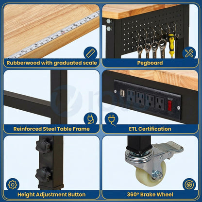 70-Inch Height Adjustable Workbench with Power Outlets, Solid Rubber Wood Top Heavy Duty Garage Tool Table, Workstation with Pegboard, Hooks and Ruler