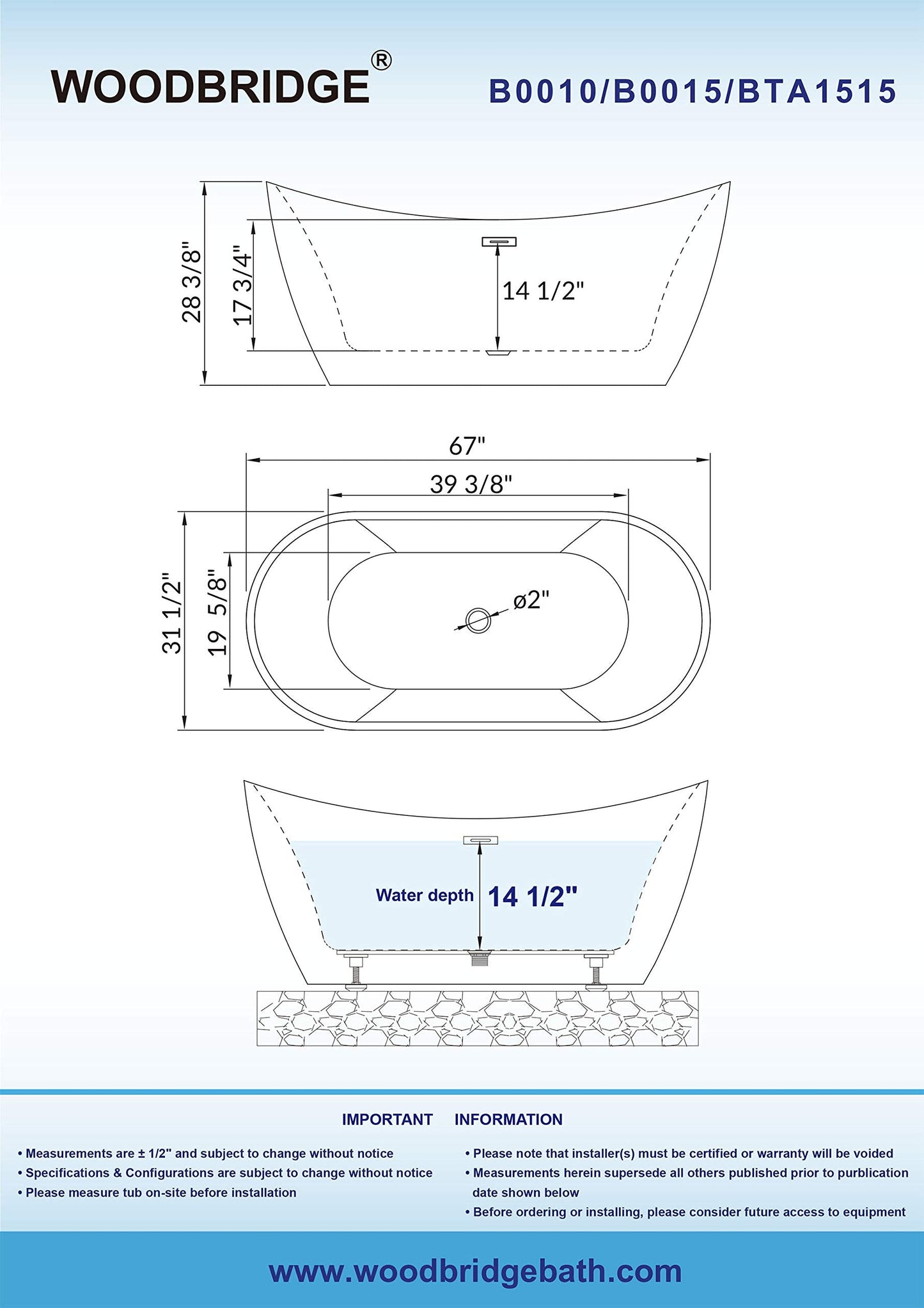 WOODBRIDGE 67" Acrylic Freestanding Bathtub Contemporary Soaking Tub, White Acrylic (Brushed Nickel Drain/Overflow) with Pillow